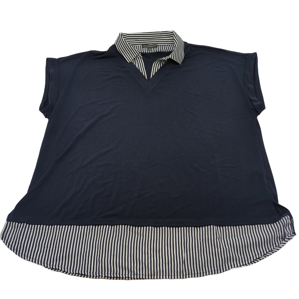 Adrianna Papell Navy Blue Striped Mixed Media V-Neck Top XL AD1S301828